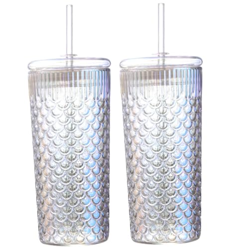 Hintyne Glasbecher mit Deckel und Strohhalmen 2 Stück 650 ml Glasbecher Skala Textur Glasbecher temperaturbeständig runde Trinkgläser für Saftgetränke bunt von Hintyne