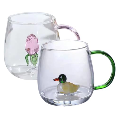 Hintyne Niedliche Tasse Mit 3D Tier Im Inneren Niedliche Tasse 2 Stück 400 Ml Glas Kaffeetasse Mit Griff 3D Tier Trinkgläser Cartoon Glas Teetasse Für Zuhause Tee Saft Milch von Hintyne