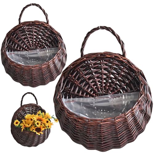 Hintyne Rattan-Pflanzgefäß zum Aufhängen 2 Stück natürlicher Rattan-Pflanztopf Vintage-Wandbehangkorb Aufbewahrungspflanzenkorb Rattan-Blumentopf zum Aufhängen an der Wand Dunkelbraun von Hintyne