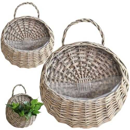 Hintyne Rattan-Pflanzgefäß zum Aufhängen 2 Stück natürlicher Rattan-Pflanztopf Vintage-Wandbehangkorb Aufbewahrungspflanzenkorb Rattan-Blumentopf zum Aufhängen an der Wand für Zuhause grau von Hintyne