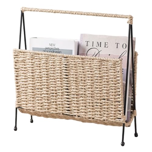 Zeitschriftenhalter Boho-Zeitschriftenständer aus gewebtem Papier mit Eisenständer 13, 8 x 3, 9 x 13, 8 Zoll Bücherkorb für Zeitungsbriefe Wohnzimmer Badezimmer von Hintyne