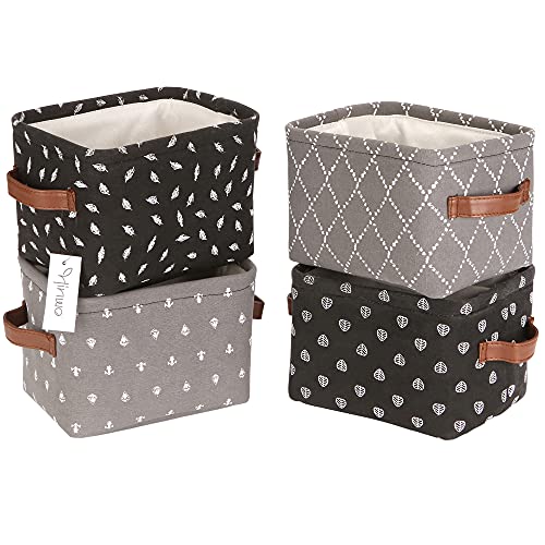 Hinwo 4L Mini Size Aufbewahrungsbox Korb zusammenklappbar Square Denim Stoff Aufbewahrungsbox Container mit PU Ledergriffen für Regale & Schreibtische, 4er Set, 7,9 x 6,3 x 5,5 Zoll, Schwarz von Hinwo