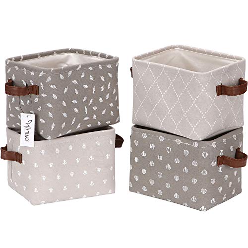 Hinwo 4L Mini Size Aufbewahrungsbox Korb zusammenklappbarer quadratischer Denim Stoff Aufbewahrungsbox Container mit PU Ledergriffen für Regale & Schreibtische, 4er Set, 7,9 x 6,3 x 5,5 Zoll, Grau von Hinwo