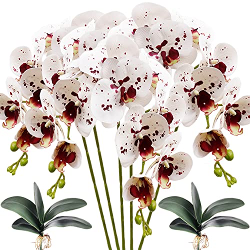 HinyoCo 5 Stück Orchideenblüten, 8 Köpfe künstliche Phalaenopsis mit 2 Stück Orchideenblätter, Schmetterling, für Heimdekoration (weiß mit Flecken) von Hinyo