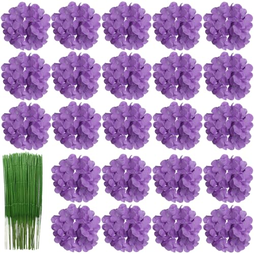 HinyoCo 28 Stück Seide Hortensie Blumen,18 cm Künstliche Blumen Köpfe mit Stielen für uhause Hochzeits Dekoration (Lila) von HinyoCo