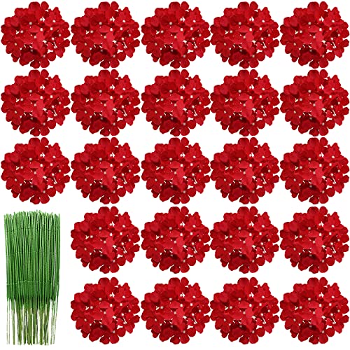 HinyoCo 28 Stück Seide Hortensie Blumen,18 cm Künstliche Blumen Köpfe mit Stielen für uhause Hochzeits Dekoration (Rot) von HinyoCo