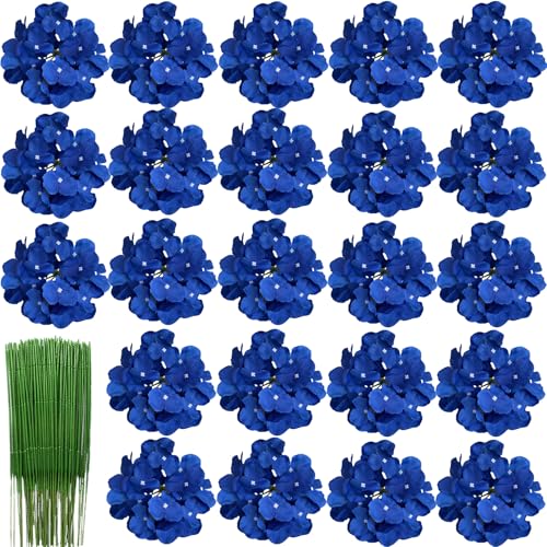 HinyoCo 28 Stück Seide Hortensie Blumen,18 cm Künstliche Blumen Köpfe mit Stielen für uhause Hochzeits Dekoration (Royal Blue) von HinyoCo