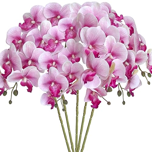HinyoCo 5 Künstliche Phalaenopsis-Blumen,80 cm Künstliche Orchidee Blumen, Party, Büro, Terrasse, Hof, Heim-Blumendekoration (Weiße Blume, violetter Kern) von HinyoCo