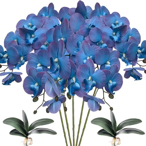 HinyoCo 5 Künstliche Phalaenopsis-Blumen,80 cm Künstliche Orchidee mit Künstliche Orchidee Blätter 2 Bündeln, Party, Büro, Terrasse, Hof, Heim-Blumendekoration (Blaue und Violette Kanten) von HinyoCo