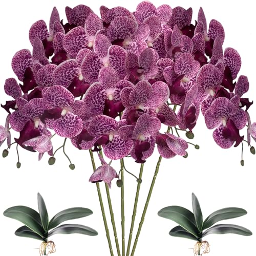 HinyoCo 5 Künstliche Phalaenopsis-Blumen,80 cm Künstliche Orchidee mit Künstliche Orchidee Blätter 2 Bündeln, Party, Büro, Terrasse, Hof, Heim-Blumendekoration (Lila Flecken) von HinyoCo