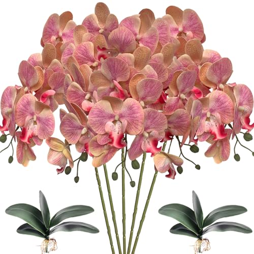 HinyoCo 5 Künstliche Phalaenopsis-Blumen,80 cm Künstliche Orchidee mit Künstliche Orchidee Blätter 2 Bündeln, Party, Büro, Terrasse, Hof, Heim-Blumendekoration (Rosa) von HinyoCo