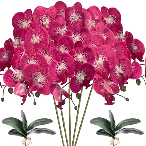 HinyoCo 5 Künstliche Phalaenopsis-Blumen,80 cm Künstliche Orchidee mit Künstliche Orchidee Blätter 2 Bündeln, Party, Büro, Terrasse, Hof, Heim-Blumendekoration (Rosenrote Flecken) von HinyoCo