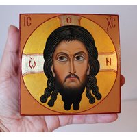 Jesus Christus. 100% Handbemalte Orthodoxe Ikone 10x10x2, 5 cm von HinzArtKunst