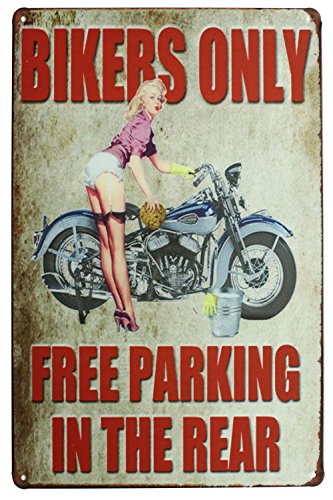 Hioni Bikers Only Free Parking In The Rear, Metall-Blechschild, Vintage-Wanddekoration, Kunstposter, Garage, Heimdekoration von Hioni