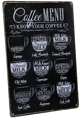 Hioni Coffee Menu Know Your Coffee Latte Macchiato Espresso Cappuccino Vintage Blechschild Kaffee Poster Wandschild Wand Dekoration Metallschild Türschild von Hioni