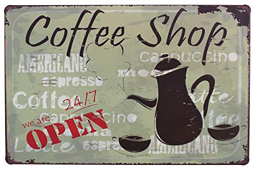 Hioni Coffee Shop We Are Open 24/7 Vintage Blechschild Kaffee Poster Wandschild Wand Dekoration Metallschild Türschild von Hioni