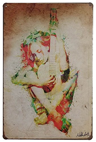 Hioni Mädchen Spielt Gitarre Musik Vintage Blechschild Poster Wandschild Wand Dekoration Metallschild Türschild von Hioni