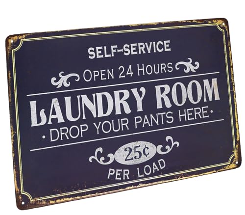 Hioni Metallschild mit Aufschrift „Self-Service Laundry Room Open 24 Hours“, Vintage-Stil, Wanddekoration von Hioni