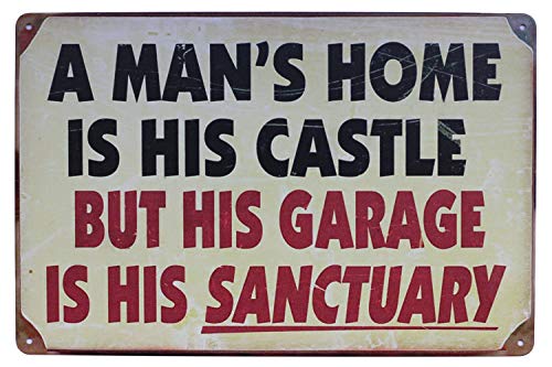 Hioni Metallschild mit Aufschrift "A Man's Home is His Castle But Garage is Sanctuar", Vintage-Schild, Wanddekoration von Hioni