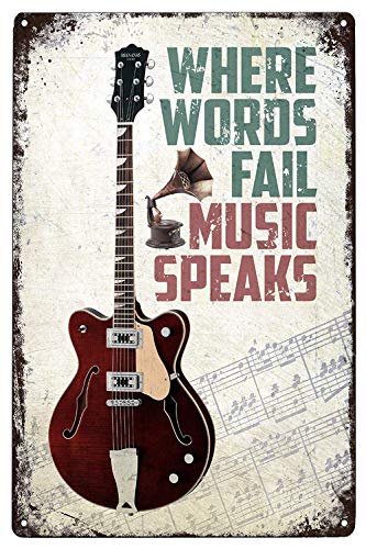 Hioni Where Words Fail Music Speaks, Schild aus Metall, Blechschild, Slogan, Kunst, Vintage, für Bar, Café, Pub von Hioni