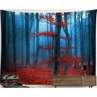 Scenic Forest Landscape Tapestry Mystical Woodland Boho Nature Beauty Red Autumn Tree Leaves Fall Foggy Wall Art Earth Decor Wilderness von HippieNTapestryWorld