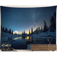 Scenic Landscape Tapestry Boho Nature Beauty Night Sky Stars Ice Frozen Winter Snow Mountain Tree Milky Way Galaxy Wall Art Decor Wilderness von HippieNTapestryWorld