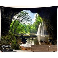 Waterfall Cave Tapestry Aesthetic Nature Trees Green Plunge Pool Beauty Mossy Rocks Sunlight Sky Clouds Cliff Bright Water Boho Wall Decor von HippieNTapestryWorld