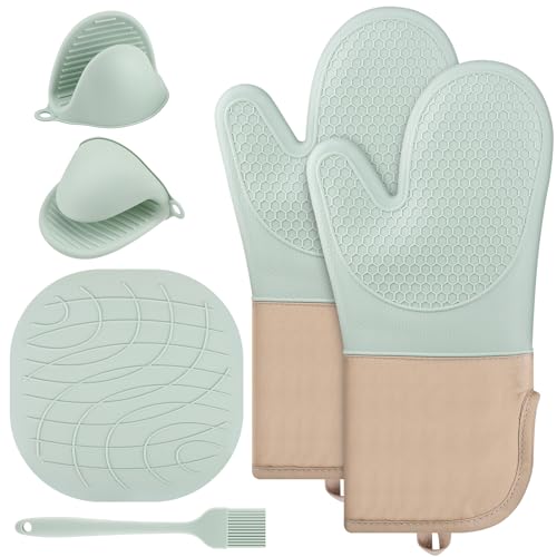 Ofenhandschuhe Topfhandschuhe Anti-Topfhandschuhe Hitzebestaendig 6er Set Topflappen Ofenhandschuhe Baumwolle Silikon Hitzebest Geeignet Küchenhandschuhe für Kochen Backen Grillen（Mintgrün） von Hippodance