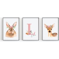 Bilder Kinderzimmer Poster Set Mit Name Reh Und Hase Blumen Babyzimmer Bilder, Drucke, Dekoration von Hipsterkidsde