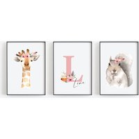 Poster Set Kinderzimmer Mit Name Hörnchen Und Giraffe Blumen Babyzimmer Bilder, Drucke, Dekoration von Hipsterkidsde