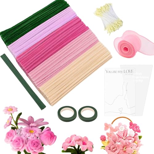 Hiqiku 500 Pfeifenreiniger Blumen Set, Pfeifenputzer zum Basteln 5 Farben Pipe Cleaner Flower Set, Mit 30 Blumenstöcke, 2 Klebebandrollen,Staubgefäße,Bänder und Blumentasche (Rose) von Hiqiku