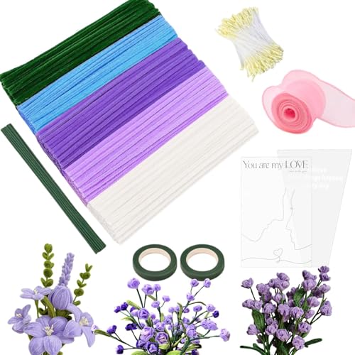 Hiqiku 500 Pfeifenreiniger Blumen Set, Pfeifenputzer zum Basteln 5 Farben Pipe Cleaner Flower Set, Mit 30 Blumenstöcke, 2 Klebebandrollen,Staubgefäße,Bänder und Blumentasche (Violett) von Hiqiku