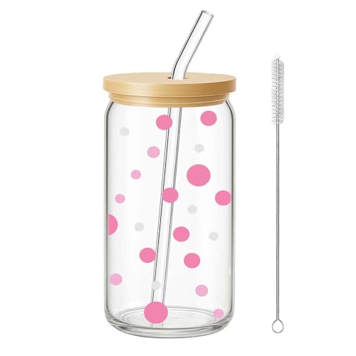 Hiqiku Gläser Mit Deckel Und Strohhalm - 16 Oz Punktmuster Trinkbecher, Eiskaffee Gläser, Trinkgläser mit Deckel und Strohhalm Ideal für Ice Coffee, Latte, Macchiato, Smoothie, Eschenke für Frauen von Hiqiku