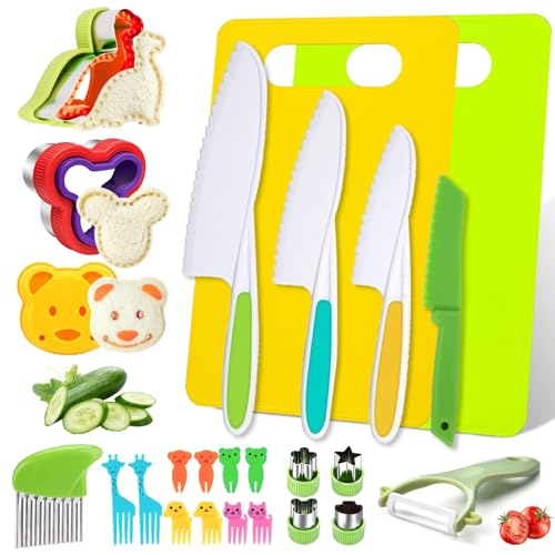 Kindermesser - 26 teiliges Kinder Sicherheit Messer Set zum Kochen oder Schneiden von Obst Brot mit Schneidebrett, Schäler und Brotausstecher etc - Perfektes Weihnachts Geburtstag für Kinder küchenset von Hiqiku