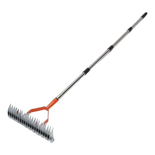 Hiraith 4-Abschnitt Verstellbarer Stroh Rechen-1,7 M Edelstahl-Rasen-Dethatcher mit Breitem 12,8 "-Kopf, Ergonomischer Orange Farbener Griff für Totgras Entfernung und Belüftung von Hiraith