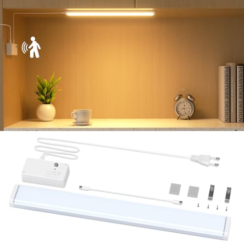 Unterbauleuchte Küche LED Dimmbar, 230V Schrankbeleuchtung mit Bewegungsmelder, 42CM Unterschrank Beleuchtung mit Kabel, 3000-6000K, Bright Schranklicht für Schreibtische, Küchen und Schränke von Hiromeco