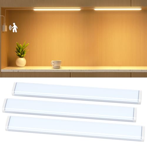 Hiromeco Schrankbeleuchtung mit Bewegungsmelder Dimmbar, 42cm Unterbauleuchte Küche LED -3 Stück, Einfacher Gebrauch, 4 Arbeitsmodi, Dimmbar Unterbauleuchte Küche LED 230V für Schreibtische, Küchen von Hiromeco