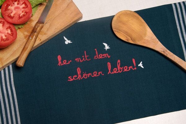Hirschkind "her mit dem schönen leben!" Bio-&Fair-Trade-Geschirrtuch, petrol von Hirschkind