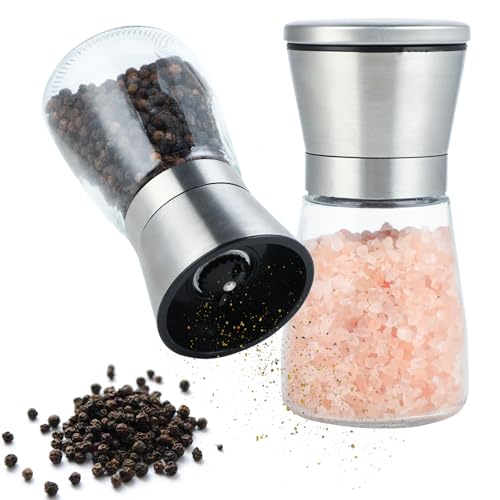 2er-Set Pfeffer und Salzstreuer mit einstellbarem Keramikmahlwerk-inkl. Edelstahl Pfeffermühle, Salz Pfefferstreuer, Chili Mühle-zwei Modi-vollständig abnehmbar, spülmaschinenfest von Hisdricus