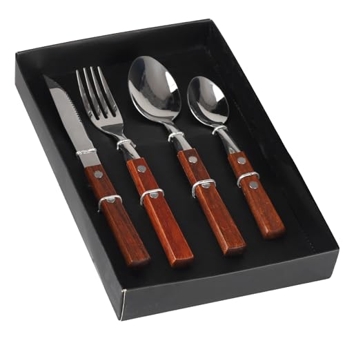 4 teiliges Besteck Set, Camping Besteck,Edelstahlmaterial, Holzgriff, geeignet für den Gebrauch zu Hause und im Restaurant, um Steaks, Pasta, Salate und andere Köstlichkeiten zu genießen von Hisdricus