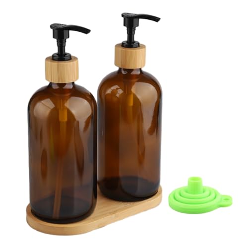 Glas Seifenspender Set,Zwei 500ml Seifenspender, einen nachfüllbaren Spender mit Tablett und Pumpe, Shampoo Flaschen geeignet für Badezimmer und Küche (Braun) von Hisdricus