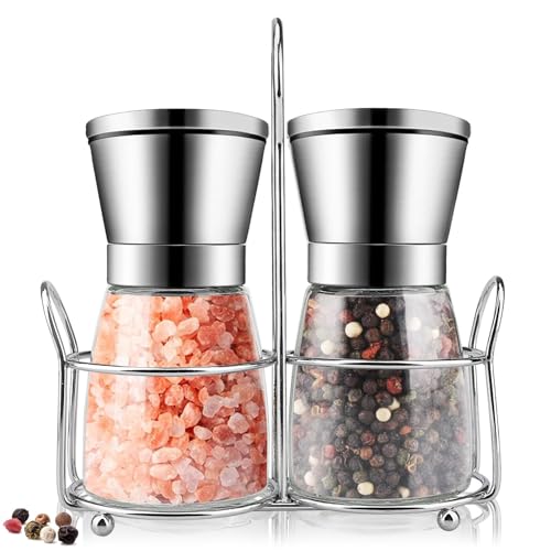 Salz und pfeffermühle 2er-Set mit Halterung und Manuell verstellbarem Keramikmahlwerk, Einstellbarem Mahlgradfür Pfeffer, Salz, Gewürze, Pepper Mills von Hisdricus