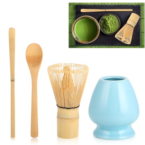 Matcha Besen 4-Teiliges Set - Bambusbesen Matcha - Himmelblau Matcha Set mit Matcha-Schneebesen, 2 Matcha Löffeln, Keramik Besenhalter, Japanisches Handgefertigtes Set, Leicht zu Reinigen von Hisdricus