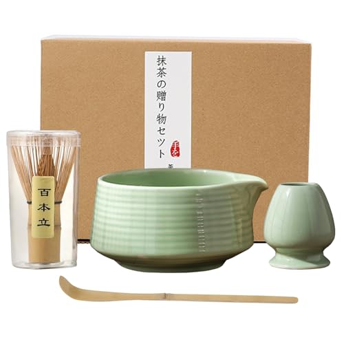 Matcha-Set – 4-teiliges Matcha-Tee-Set für die Teezeremonie: Keramik-Matcha-Schale mit Ausgießer, Bambus-Matcha-Besen und Ständer, Matcha-Schaber – Klassisches Grünes Geschenk für die Teezeremonie von Hisdricus