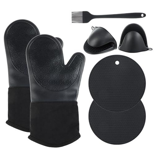 Ofenhandschuhe Topfhandschuhe-6er Set Hitzebeständig bis 300°C-Kochhandschuhe mit Topflappen-Anti-Rutsch, geeignet für Kochen, Backen, Grillen (schwarz) von Hisdricus