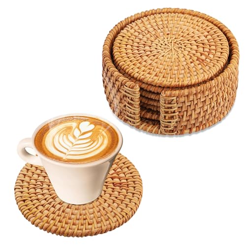 Rattan Untersetzer Set mit Halter - 6er Set Glasuntersetzer Tischuntersetzer Korkuntersetzer Rund für Getränke, Tassen, Bar - Dekorative - Glas untersetzer Set Holz von Hisdricus