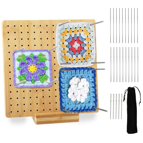 Sperrbrett für Granny Square - Blocking Board 20x20 cm - Bambus Granny Square Häkel-Karten mit 20 Stabstifte, 5 Nadeln aus Edelstahl und 1 Ständer - Häkel Zubehör für Strick und Häkelprojekte von Hisdricus