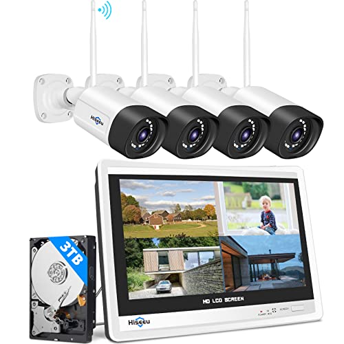 【5MP+3TB Festplatte】 Hiseeu Überwachungskamera Set Aussen WLAN mit 12''Monitor 10CH Wireless NVR,4 Pcs 5MP WiFi Kameras mit Farbe Nachtsicht,2-Wege Audio,Fernanzeige,App&Mail Alarm,3TB HDD Inklusive von Hiseeu