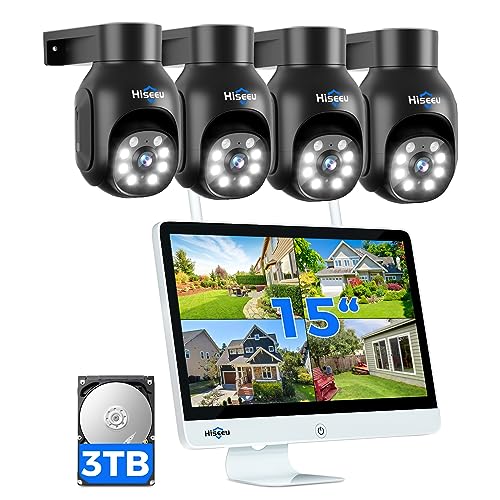 【5MP+PTZ】 Hiseeu Überwachungskamera Set Aussen WLAN mit 15''Monitor 10CH Wireless NVR,4 Pcs 5MP PTZ WiFi Kameras mit 2-Wege Audio,Farbe Nachtsicht,Fernanzeige,App&Mail Alarm,3TB HDD Inklusive von Hiseeu