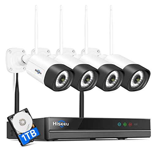 【25-Meter-Verbindung】 Hiseeu Funk Überwachungskamera Set Aussen WLAN mit 10CH Wireless NVR,4x5MP Kabellose Kamera mit Nachtsicht,Bewegungserkennung,App&Mail Alarm,Fernzugriff auf APP,1TB Festplatte von Hiseeu